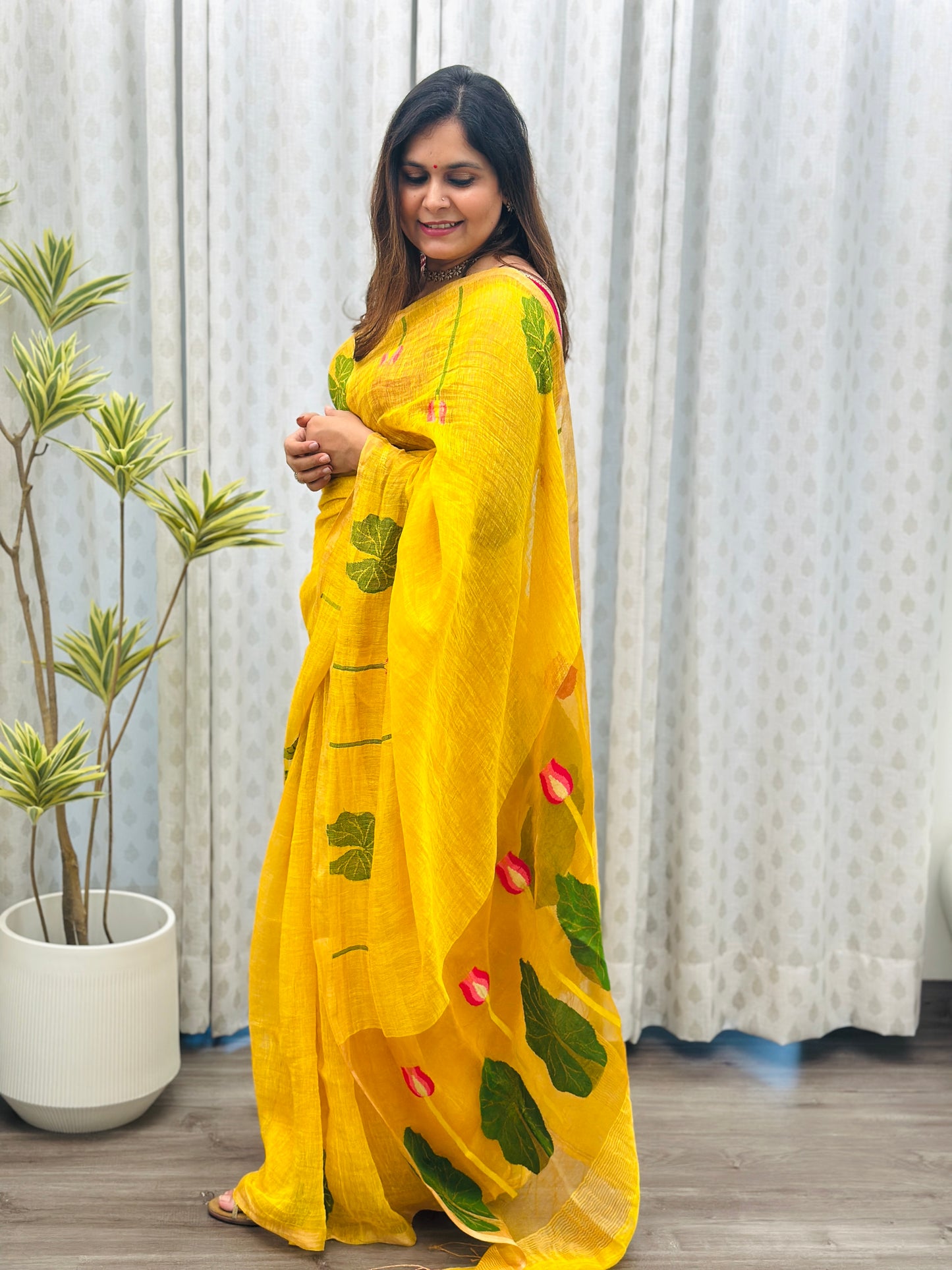 Yellow Linen-Silk Jamdani Saree