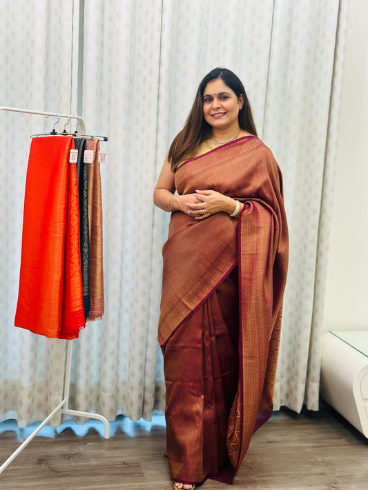 Wine Brown Banarasi Soft Silk