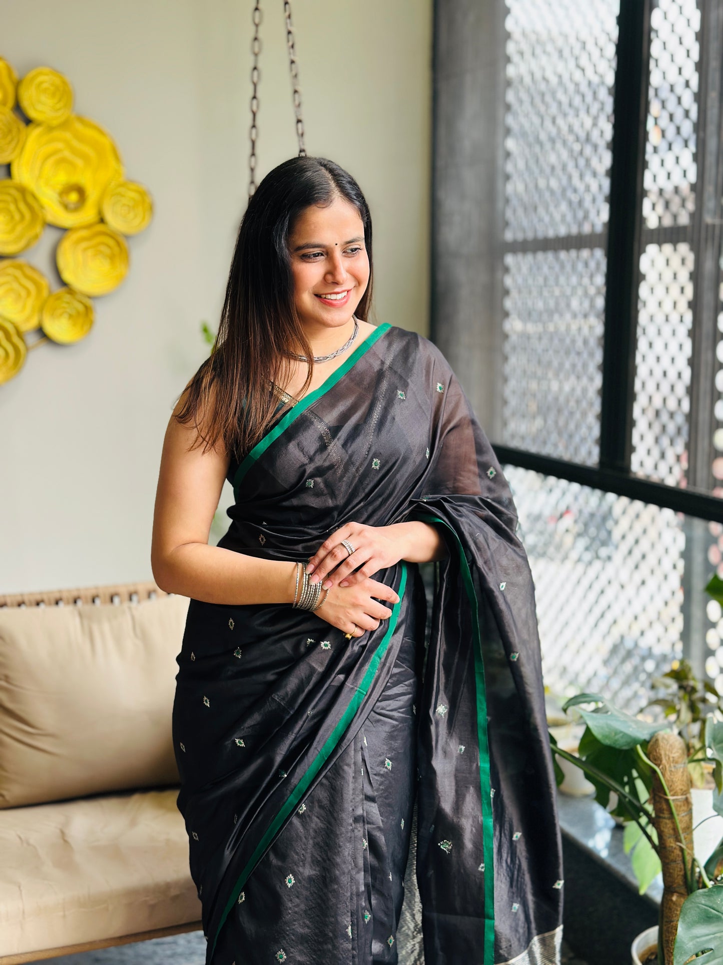 Black Chanderi Silk Saree