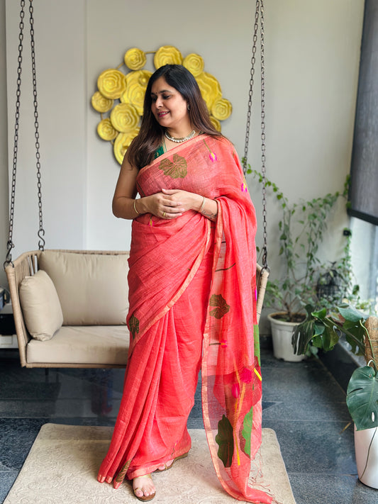 Coral Linen-Silk Jamdani Saree