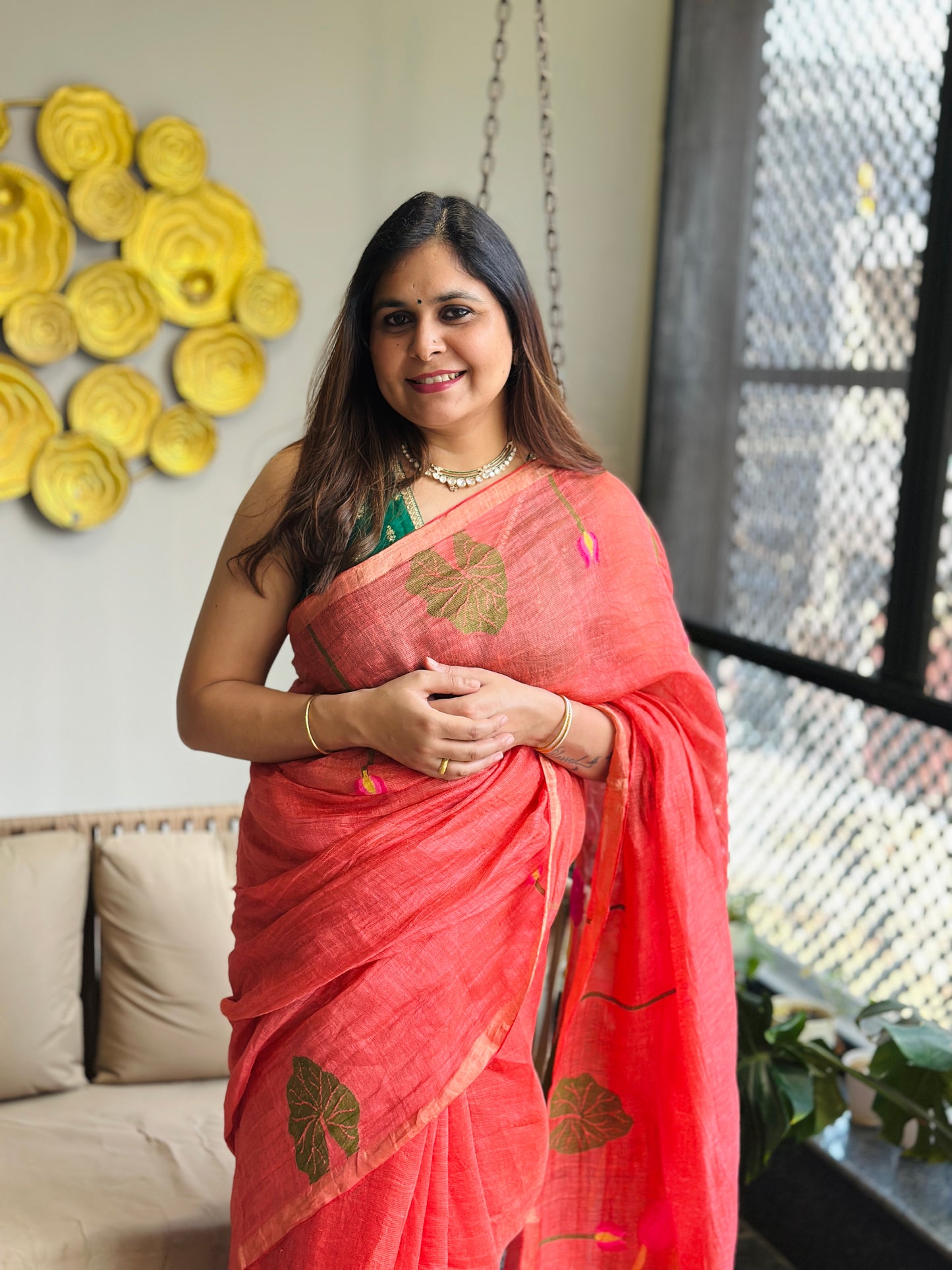 Coral Linen-Silk Jamdani Saree
