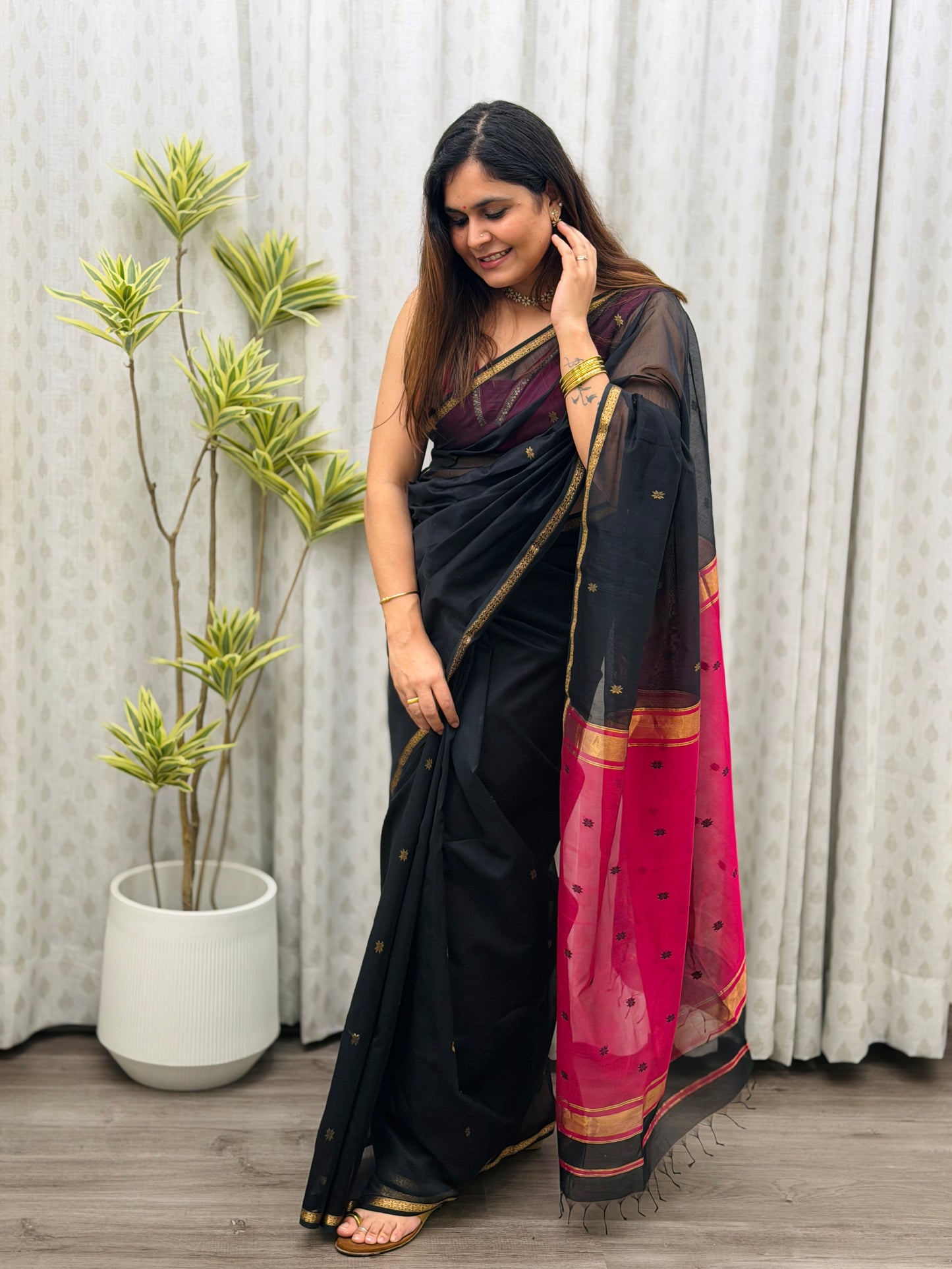 Black-Pink Maheshwari Saree