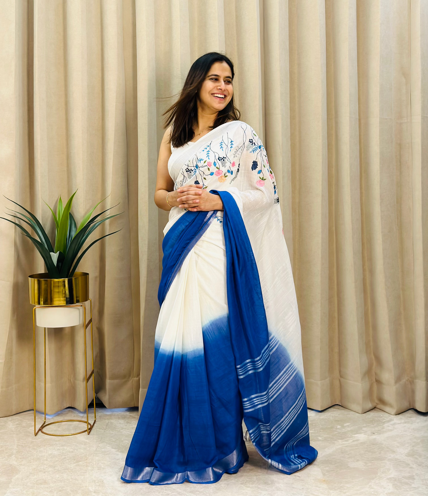 White & Blue Semi Linen Saree
