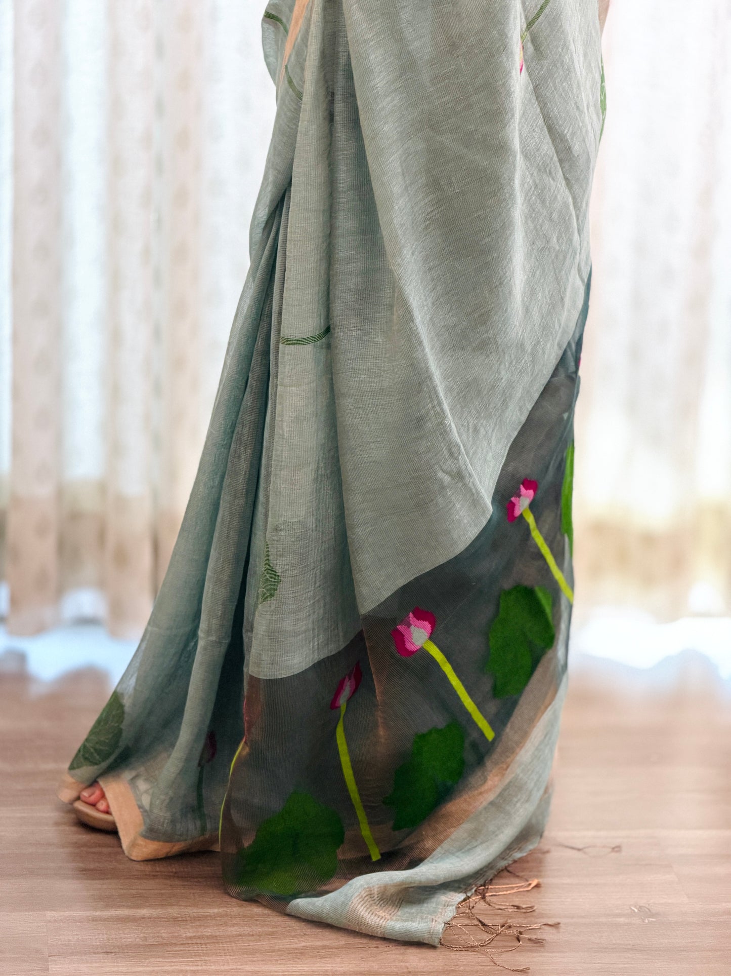 Sage Green Linen -Silk Jamdani Saree