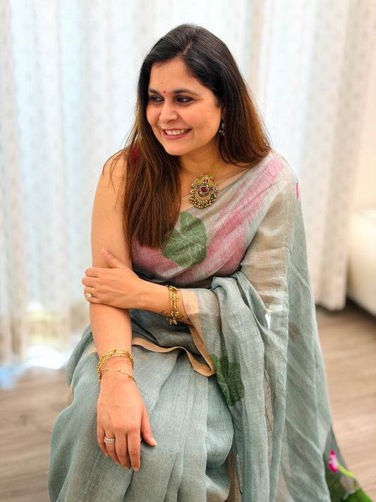 Sage Green Linen -Silk Jamdani Saree