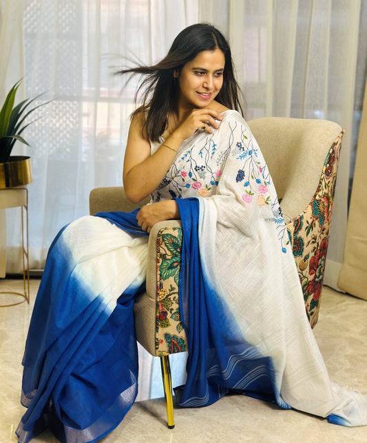 White & Blue Semi Linen Saree