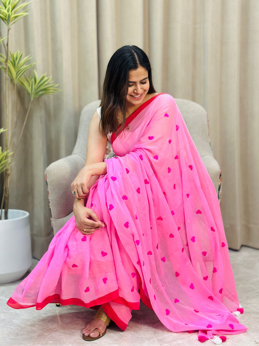 Pink Heart Mul Cotton Saree