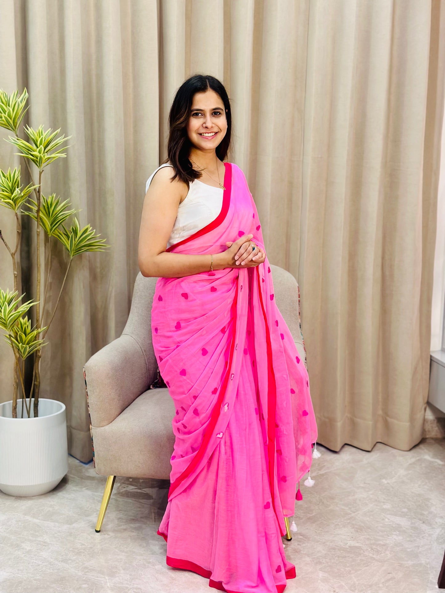 Pink Heart Mul Cotton Saree