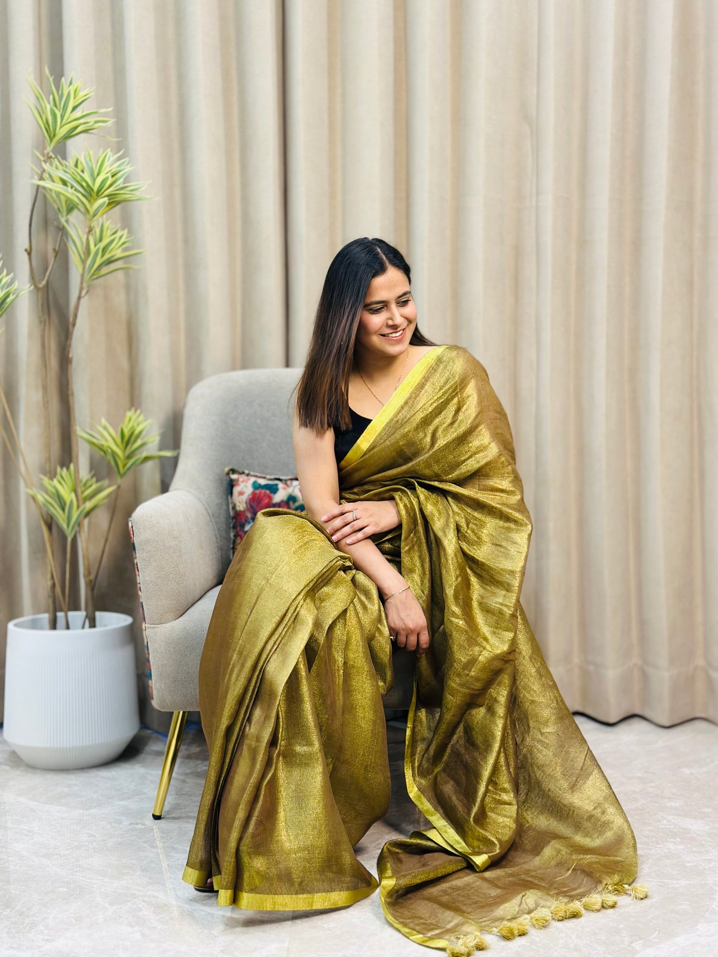 Golden Olive Tissue Linen Saree