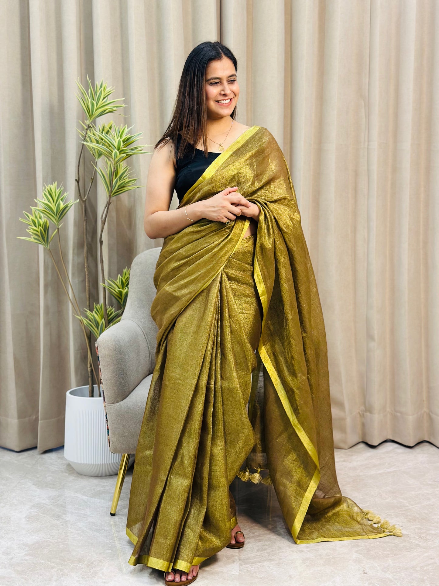 Golden Olive Tissue Linen Saree