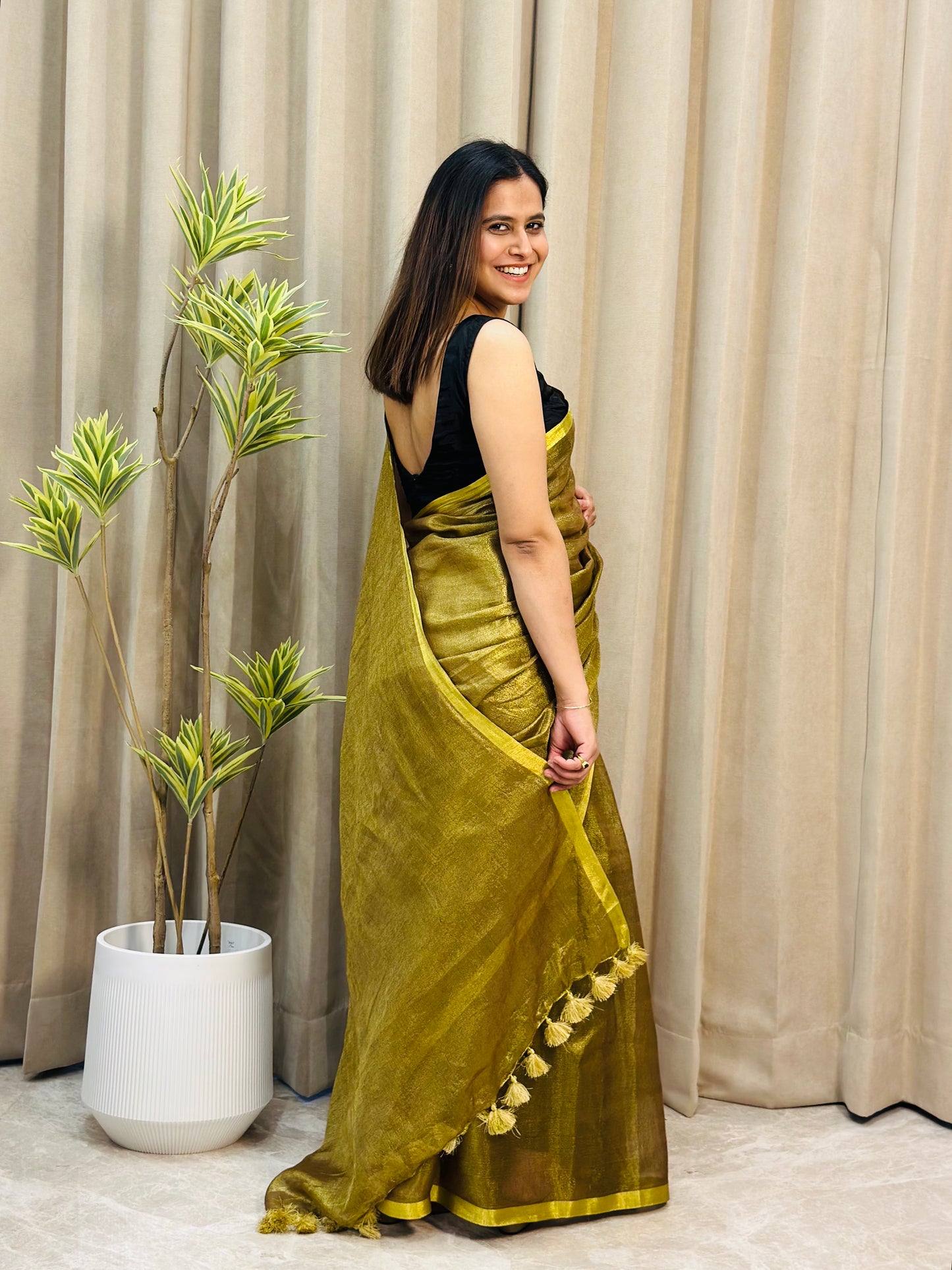 Golden Olive Tissue Linen Saree
