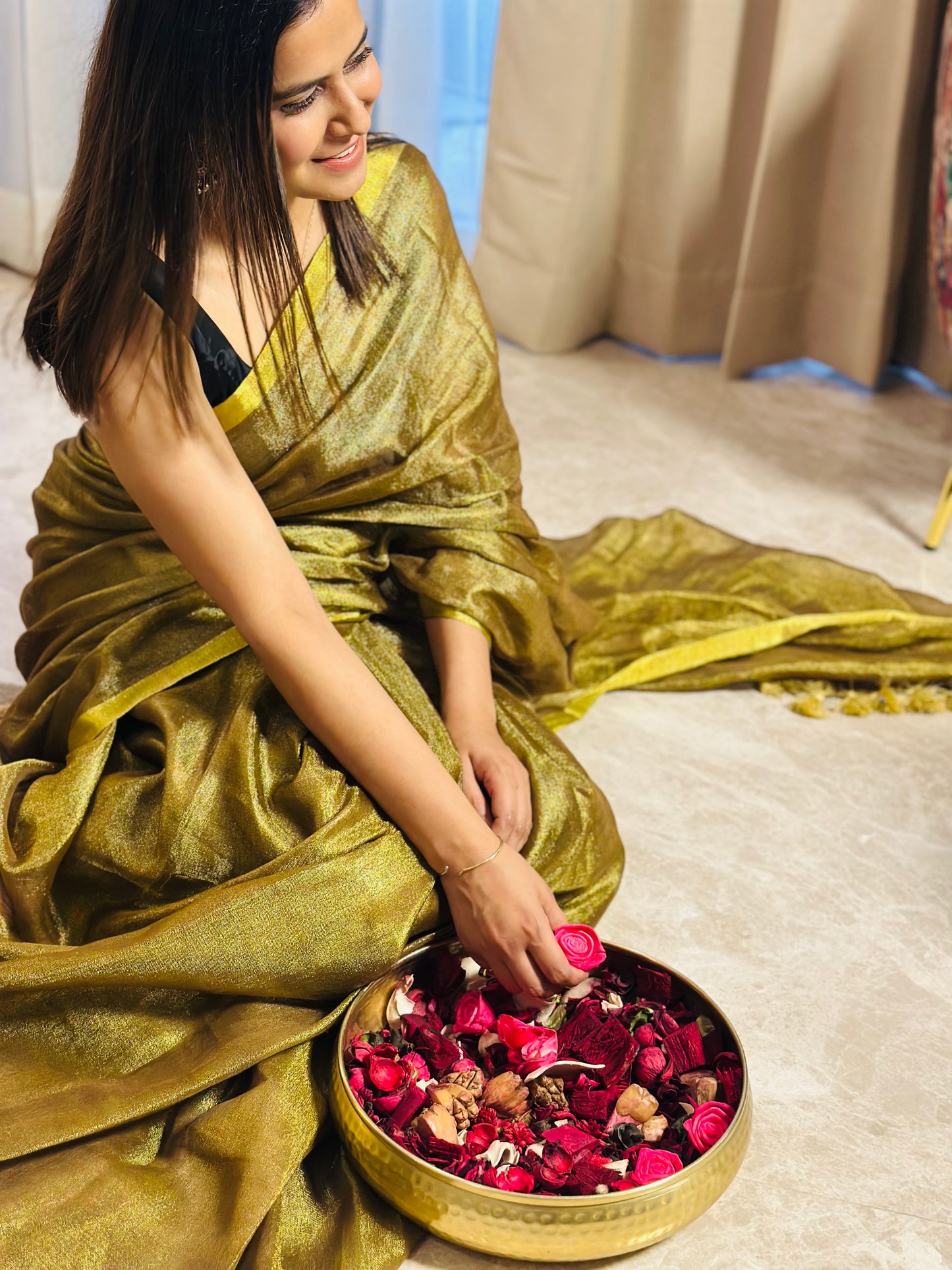 Golden Olive Tissue Linen Saree