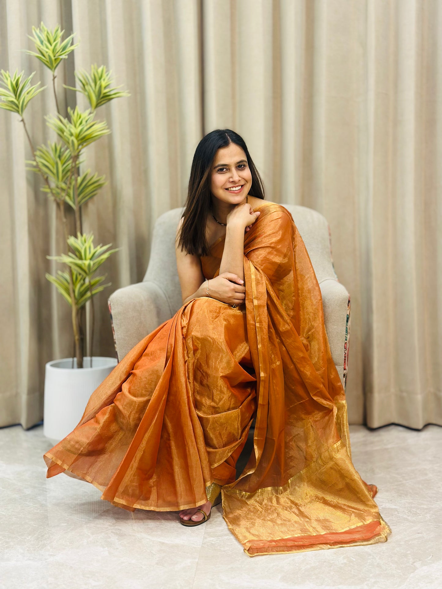 Rust Orange Chanderi Silk Saree