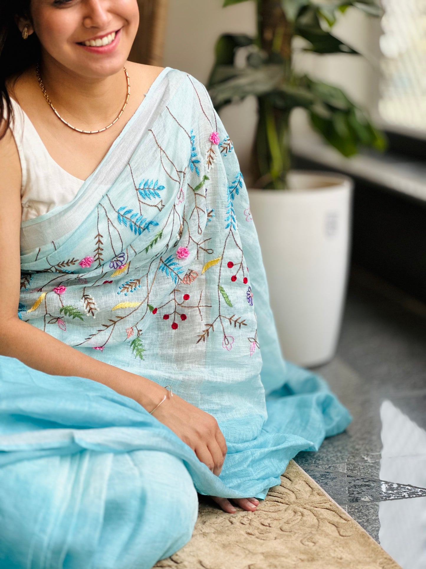 Blue Linen Hand Embroidery Saree