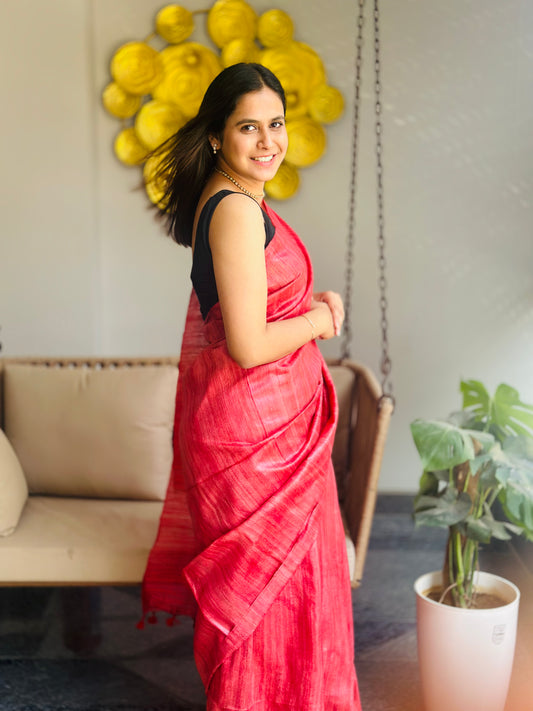 Peach Red Tussar Gicha Saree