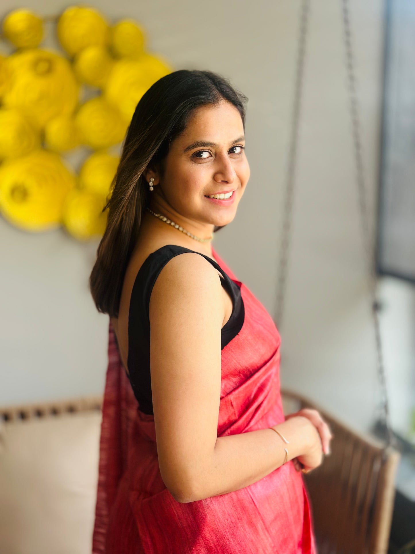 Peach Red Tussar Gicha Saree