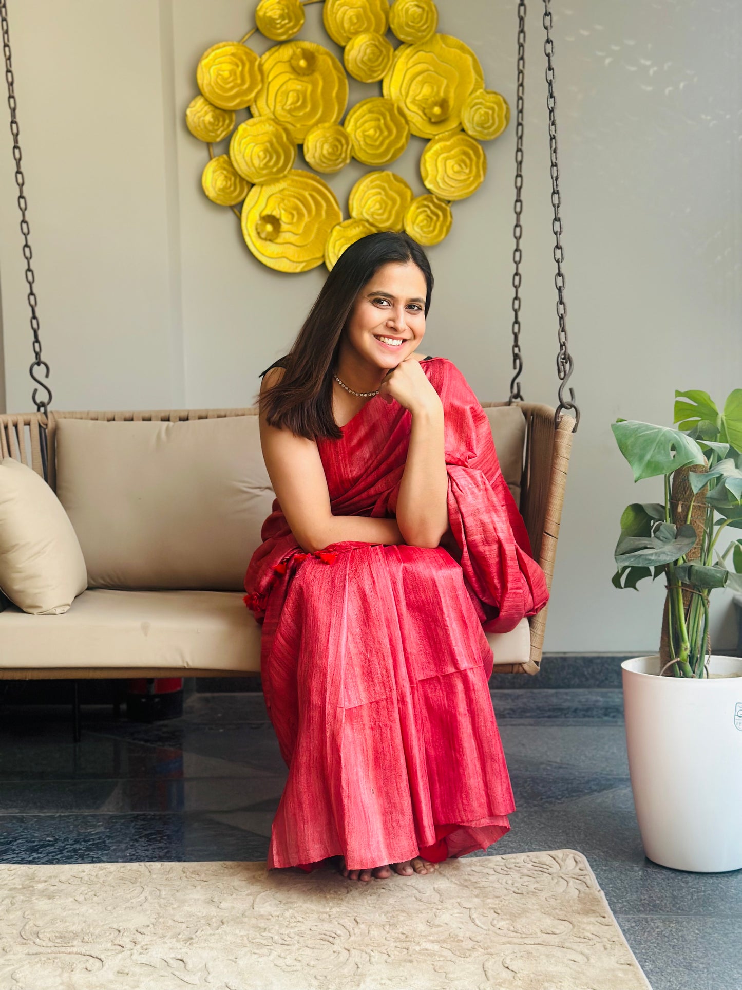 Peach Red Tussar Gicha Saree