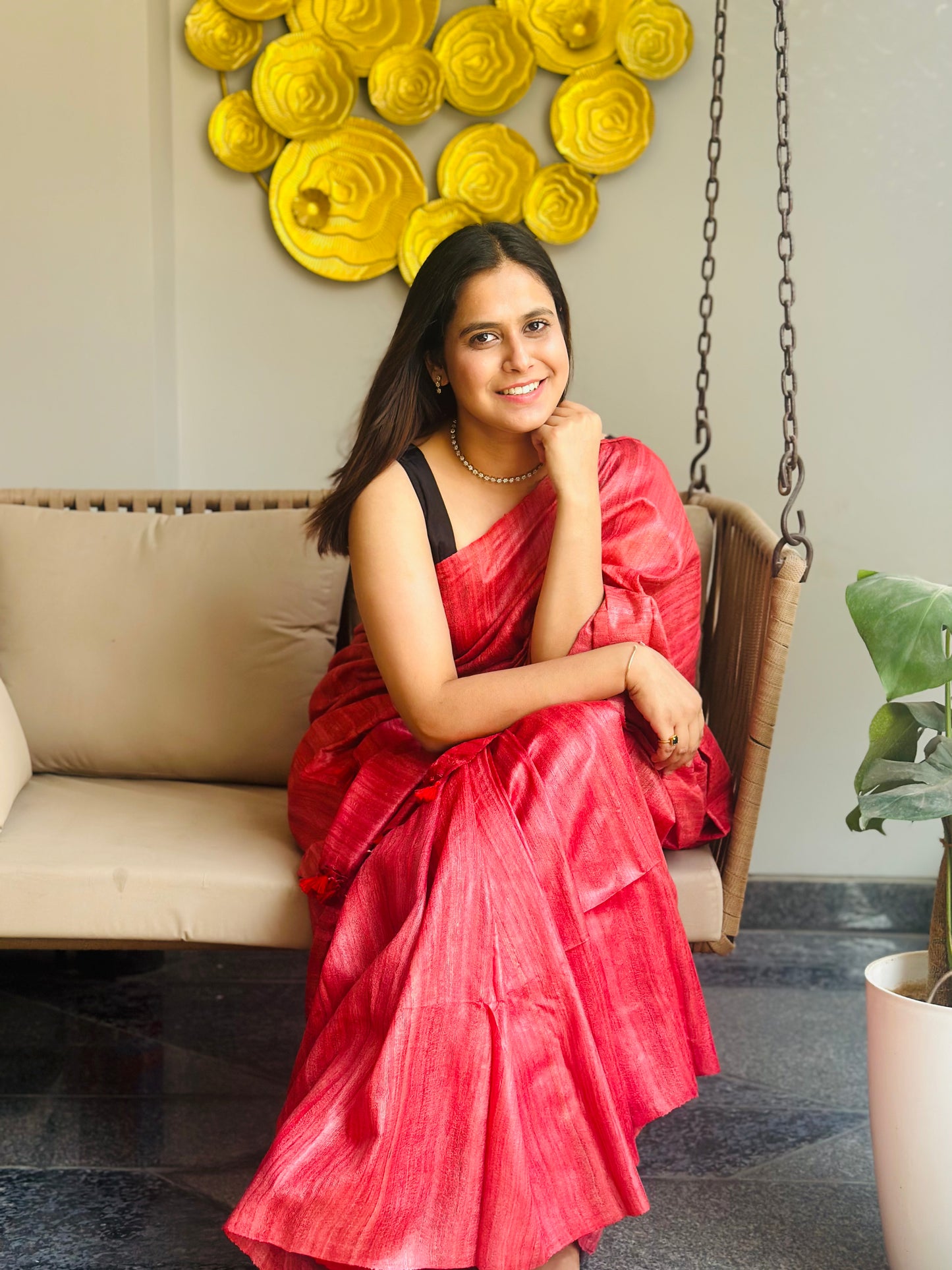 Peach Red Tussar Gicha Saree