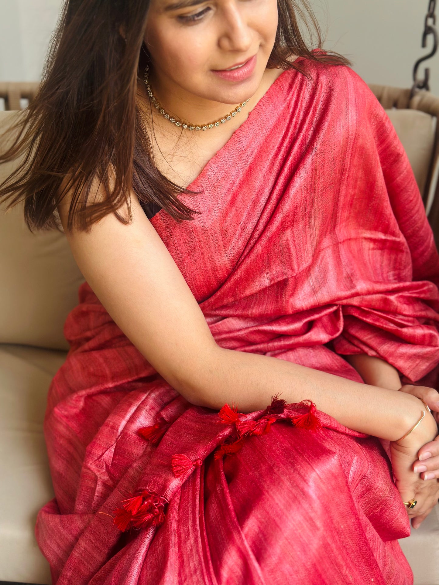 Peach Red Tussar Gicha Saree