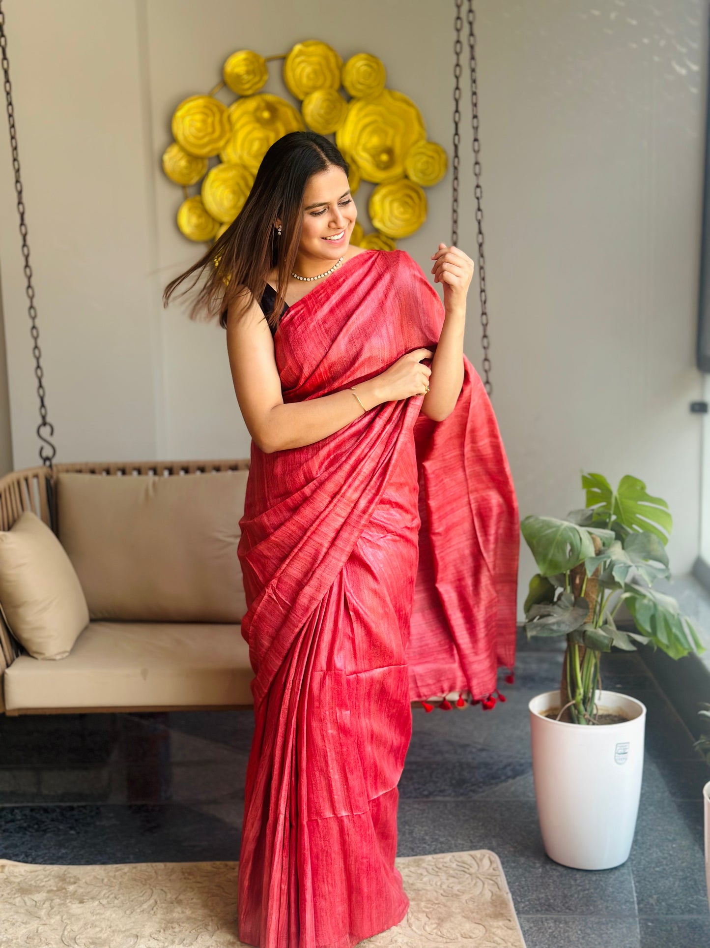 Peach Red Tussar Gicha Saree