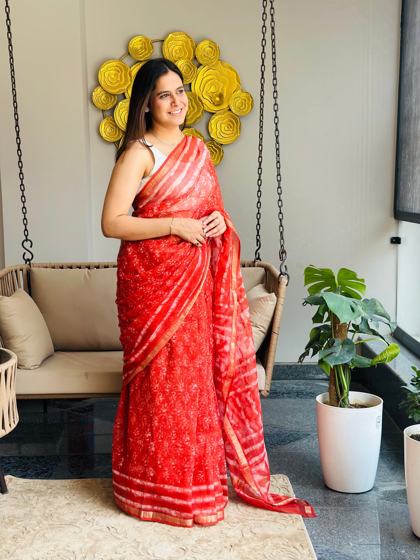 Light Red Kota Doria Saree