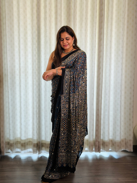 Blue Ajrakh Modal Handwork Saree