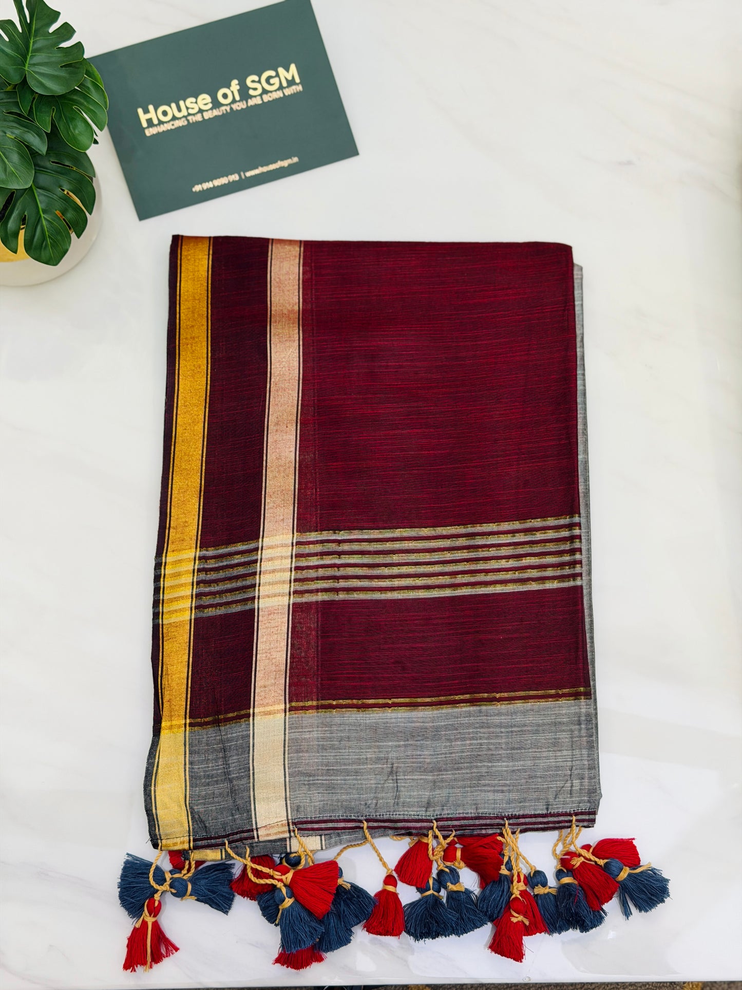Grey-Maroon Acrylic Cotton Saree