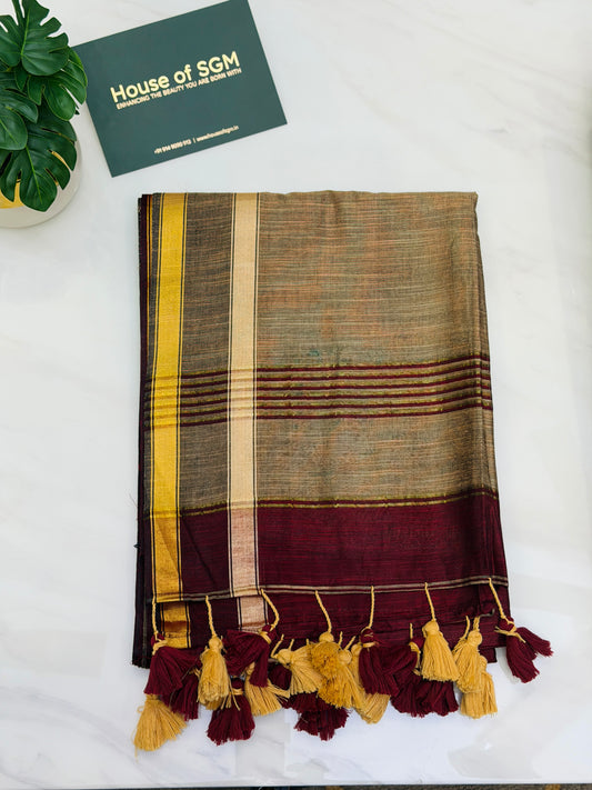 Maroon-Beige Acrylic Cotton Saree