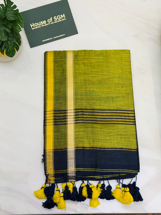 Navy Blue- Lime Green Acrylic Cotton Saree
