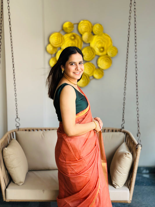 Dark Peach Kota Doria Silk Saree