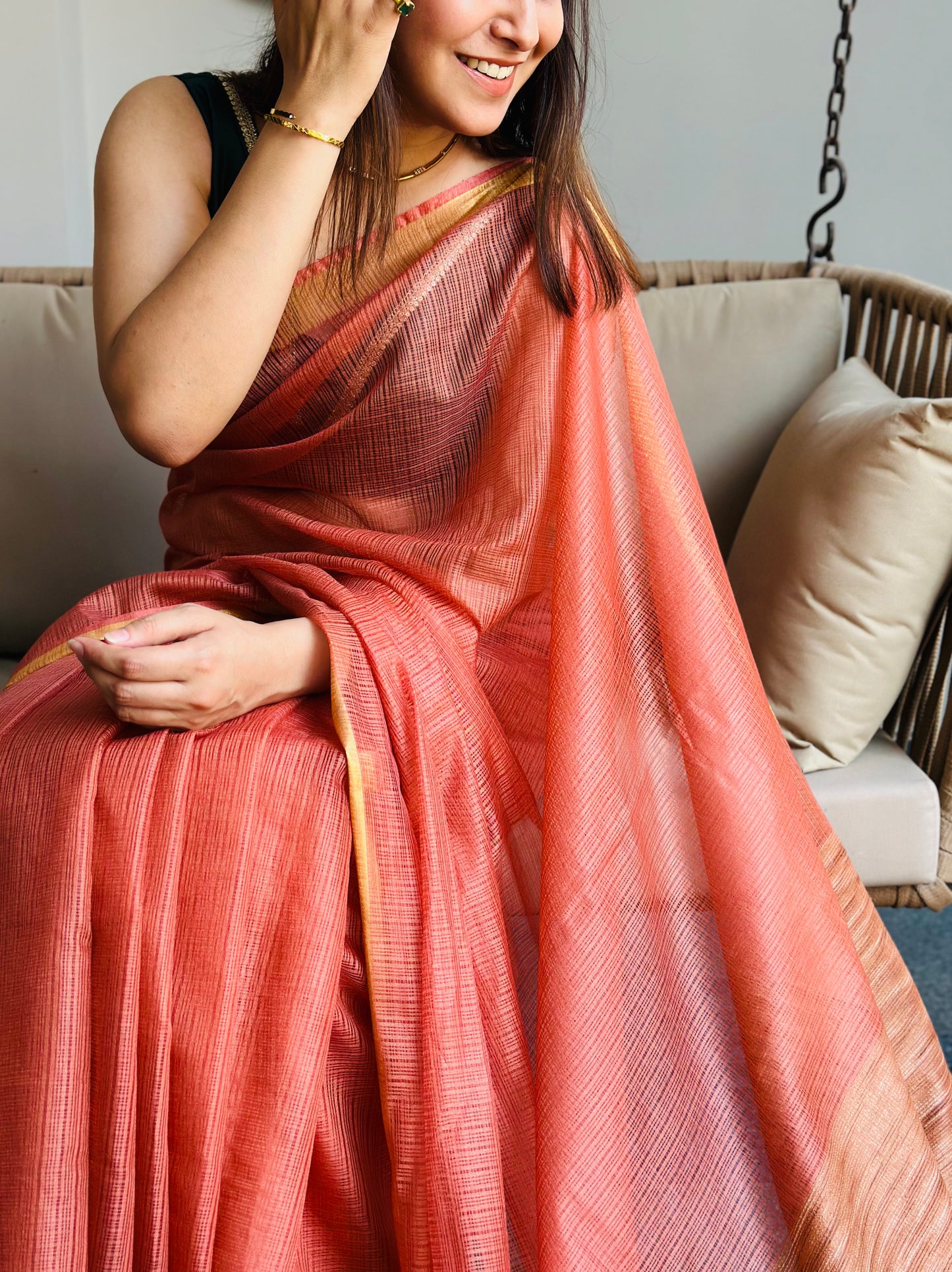 Dark Peach Kota Doria Silk Saree