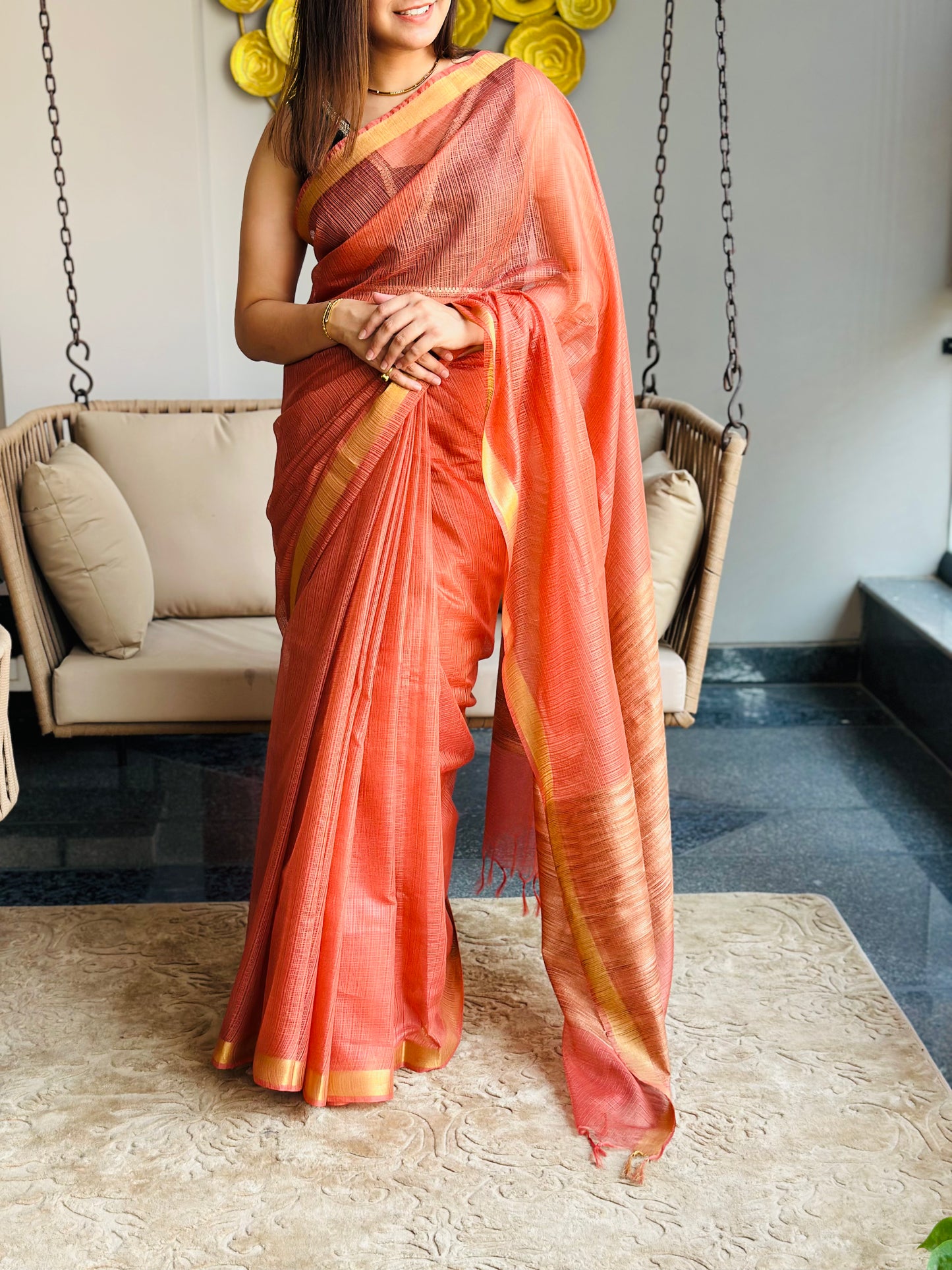 Dark Peach Kota Doria Silk Saree