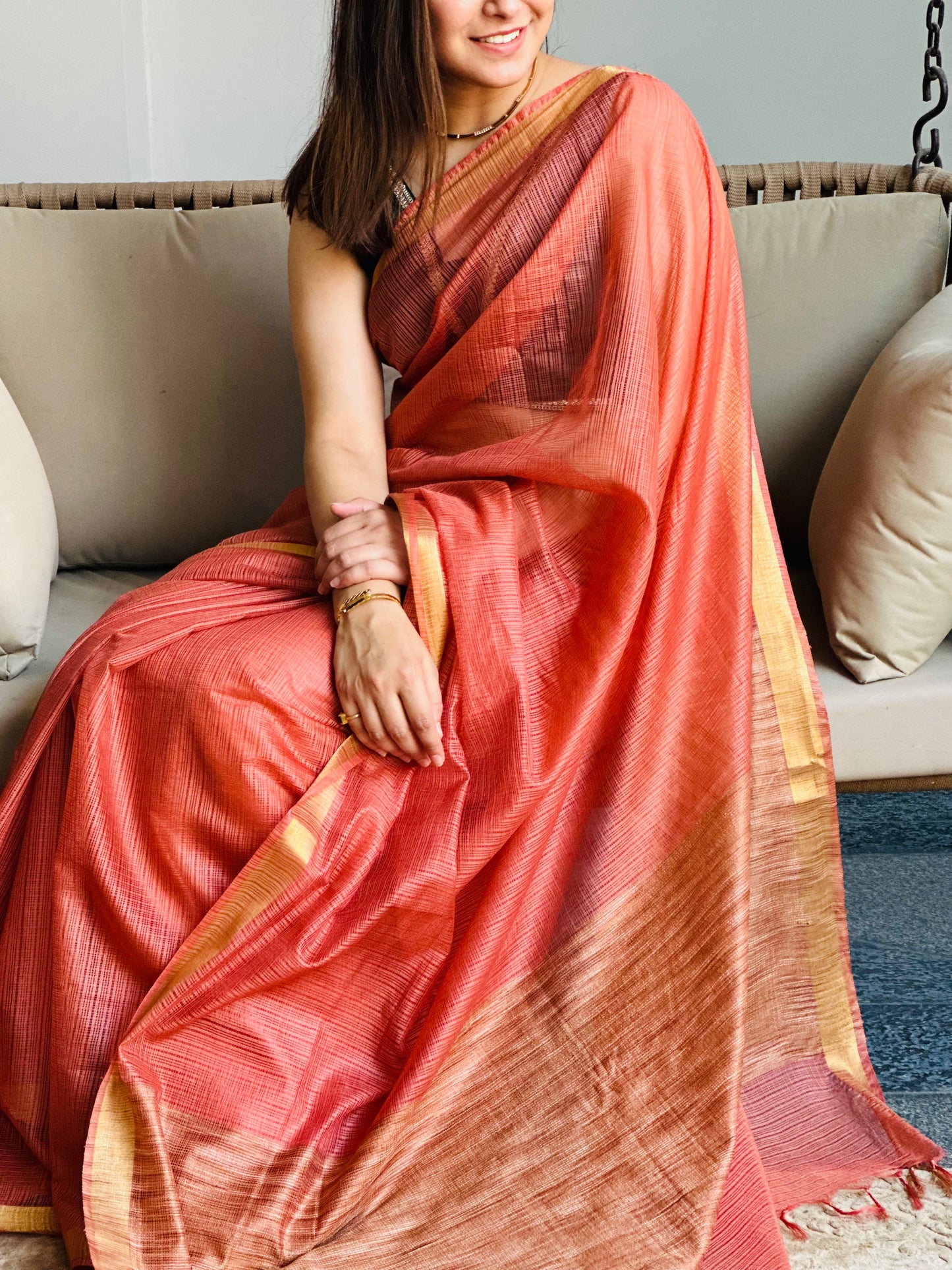 Dark Peach Kota Doria Silk Saree