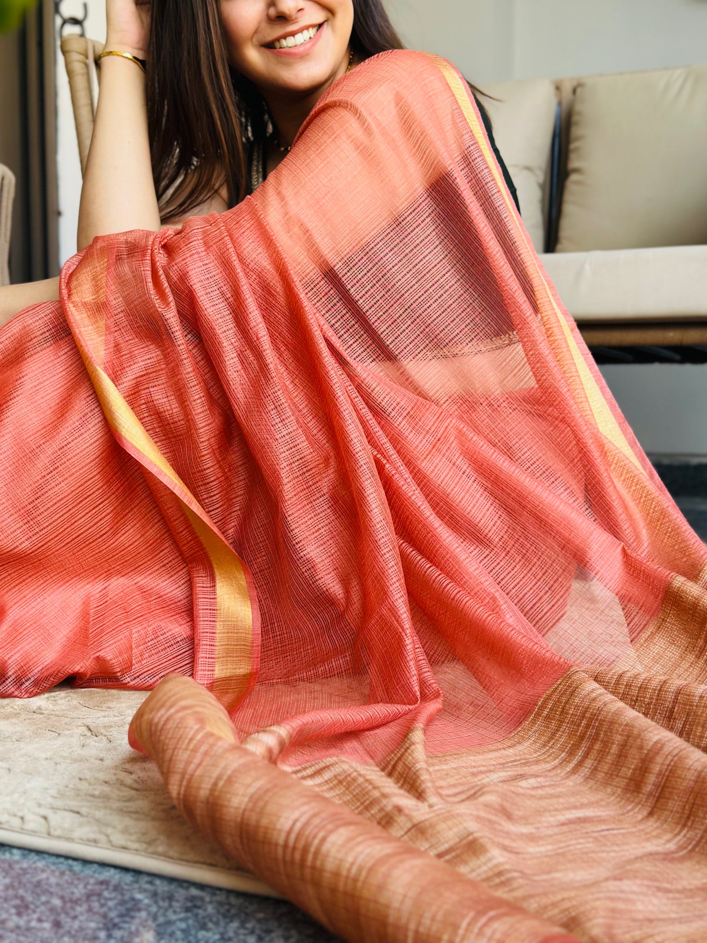 Dark Peach Kota Doria Silk Saree