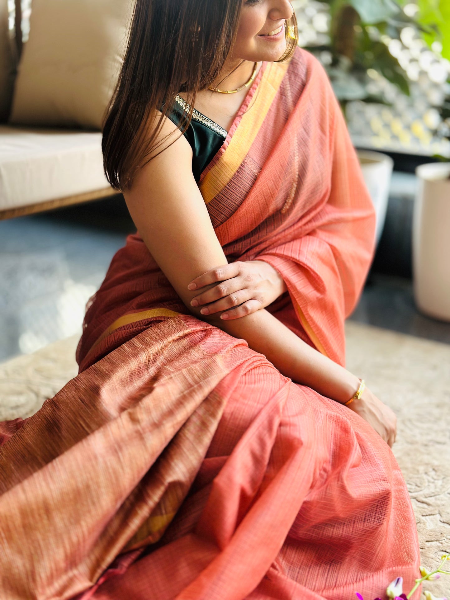 Dark Peach Kota Doria Silk Saree