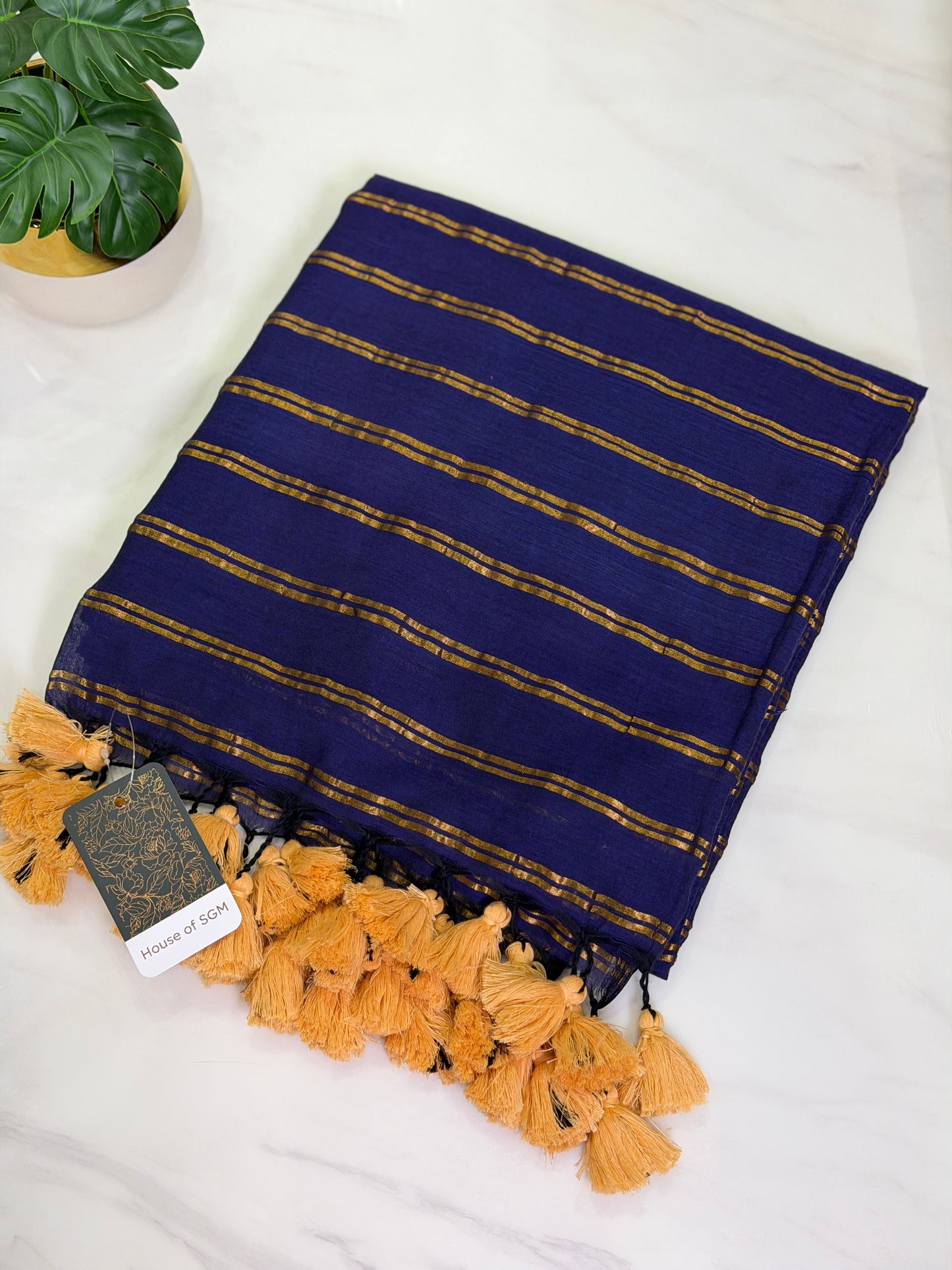 Navy Blue Striped Mul Cotton Saree