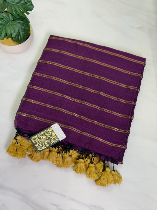 Purple Striped Mul Cotton Saree