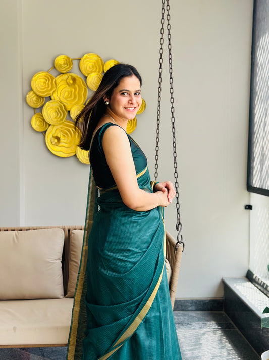 Bottle Green Kota Doria Silk Saree