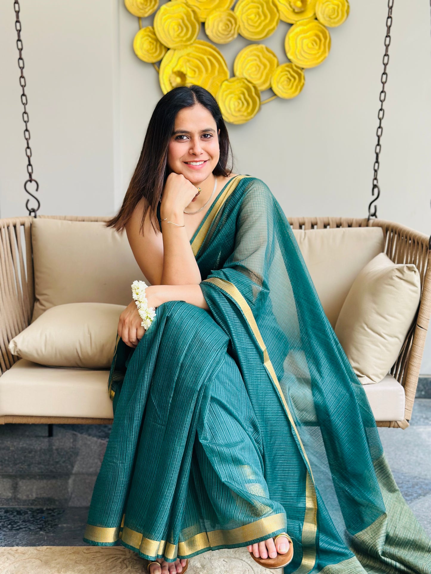Bottle Green Kota Doria Silk Saree