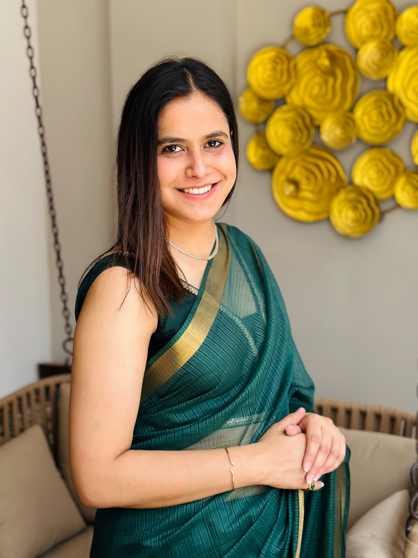 Bottle Green Kota Doria Silk Saree