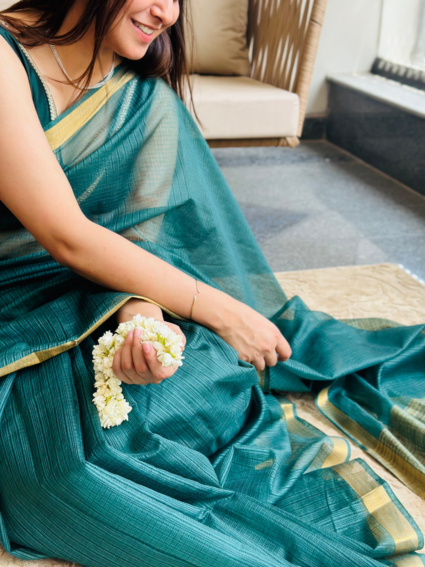 Bottle Green Kota Doria Silk Saree