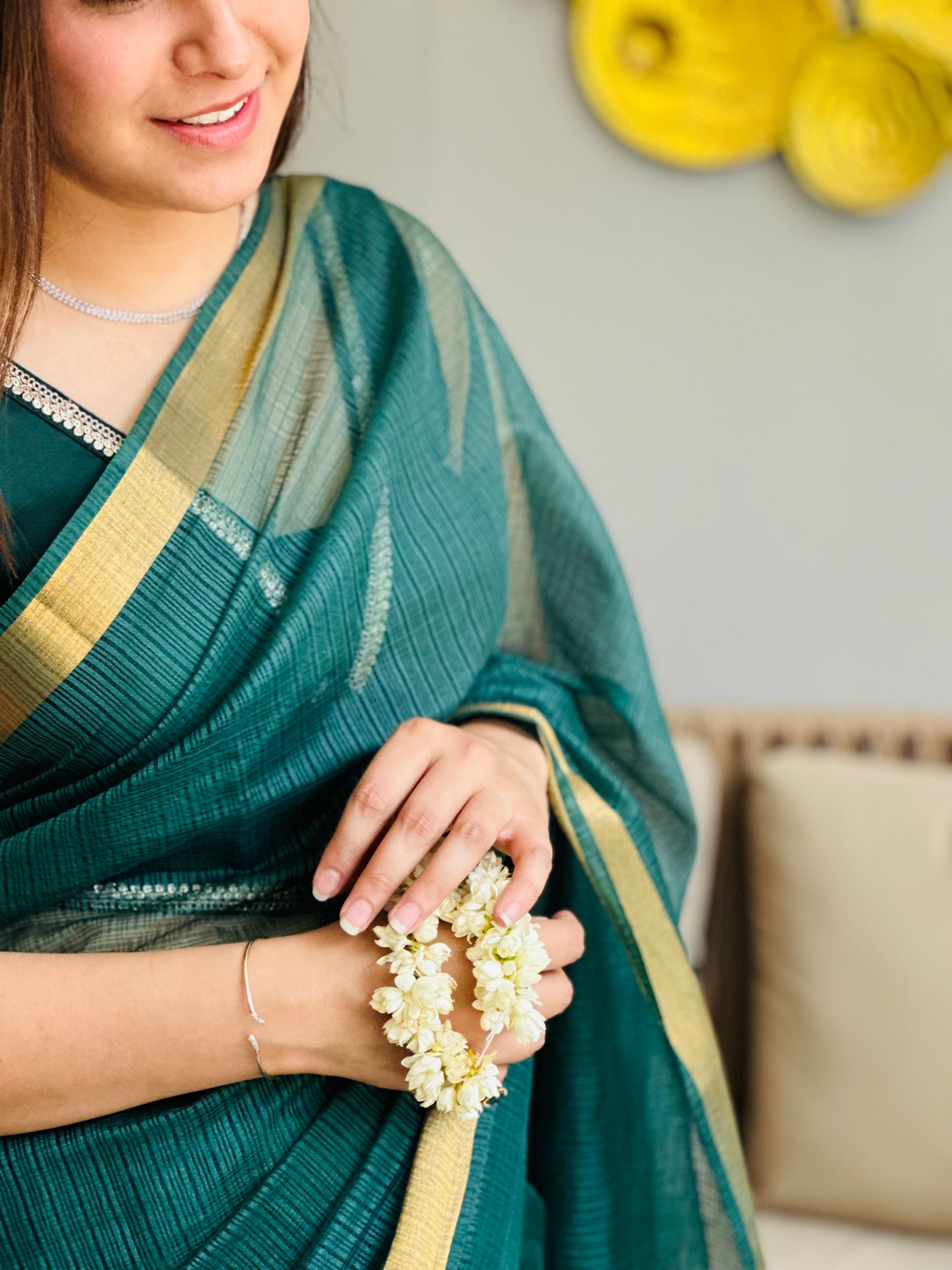 Bottle Green Kota Doria Silk Saree