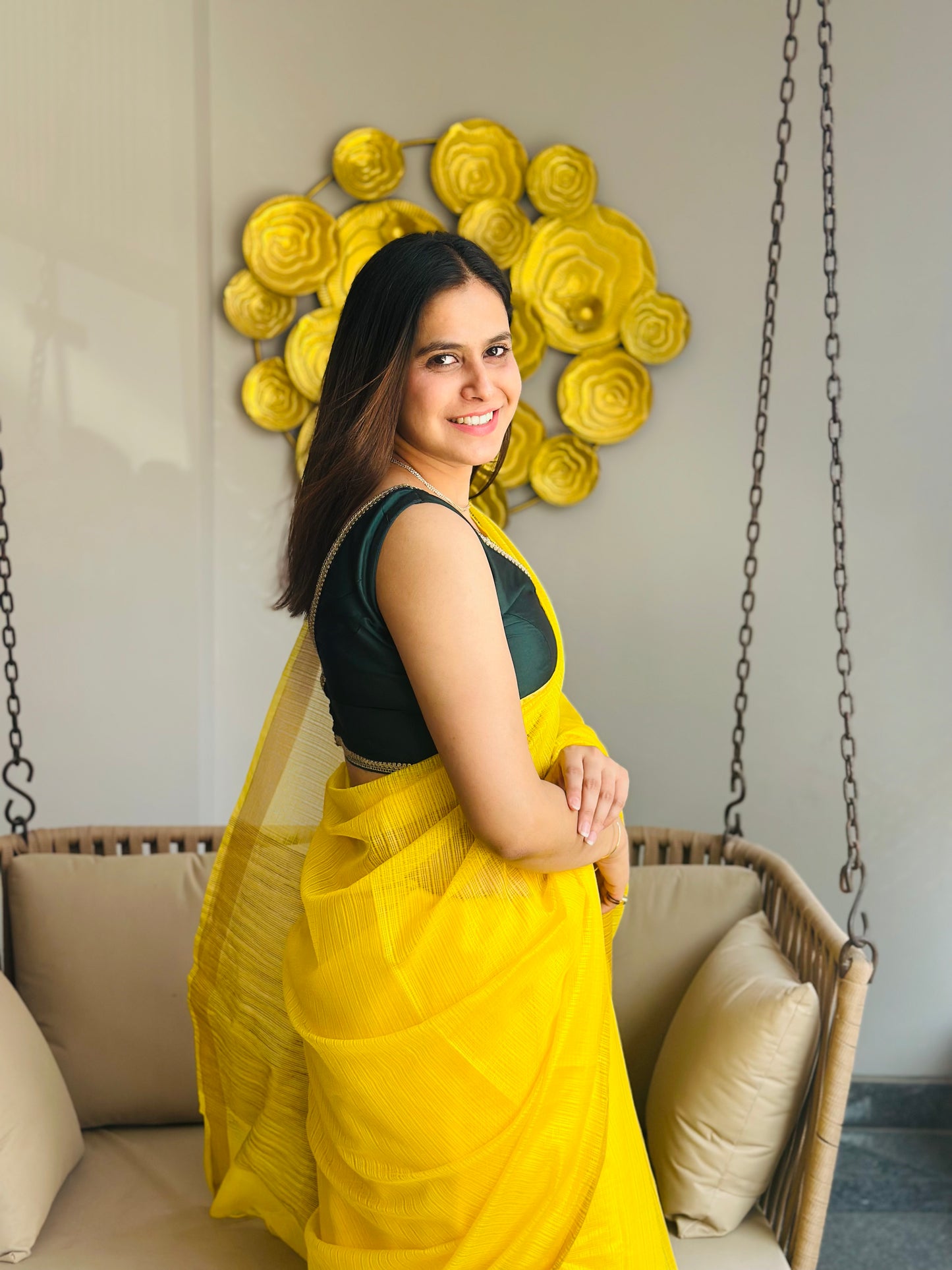 Yellow Kota Doria Silk Saree