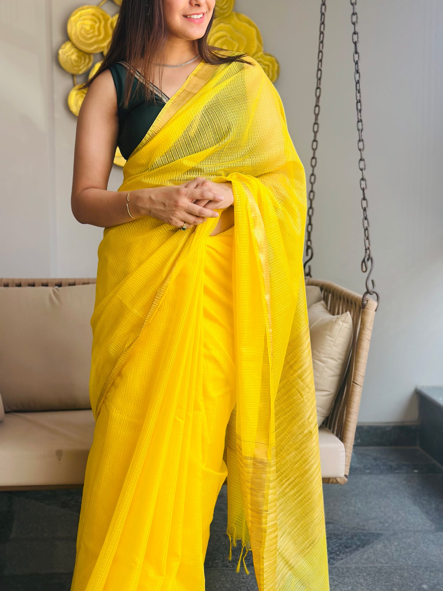 Yellow Kota Doria Silk Saree