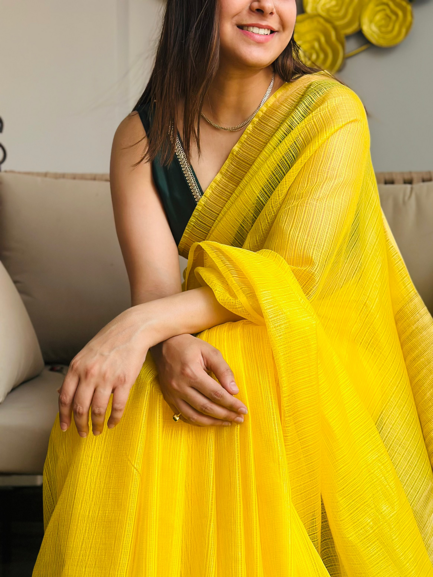 Yellow Kota Doria Silk Saree