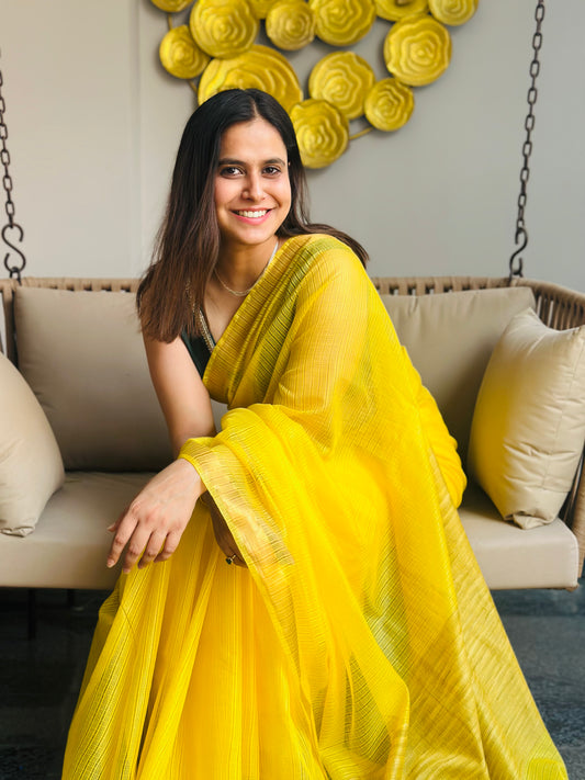 Yellow Kota Doria Silk Saree