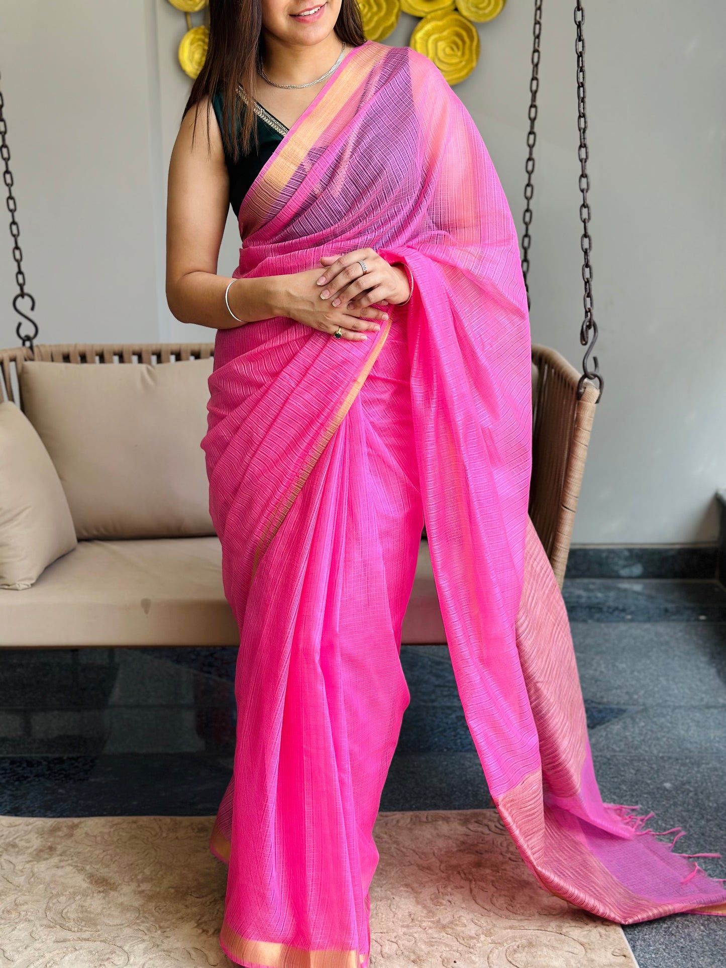 Pink Kota Doria Silk Saree