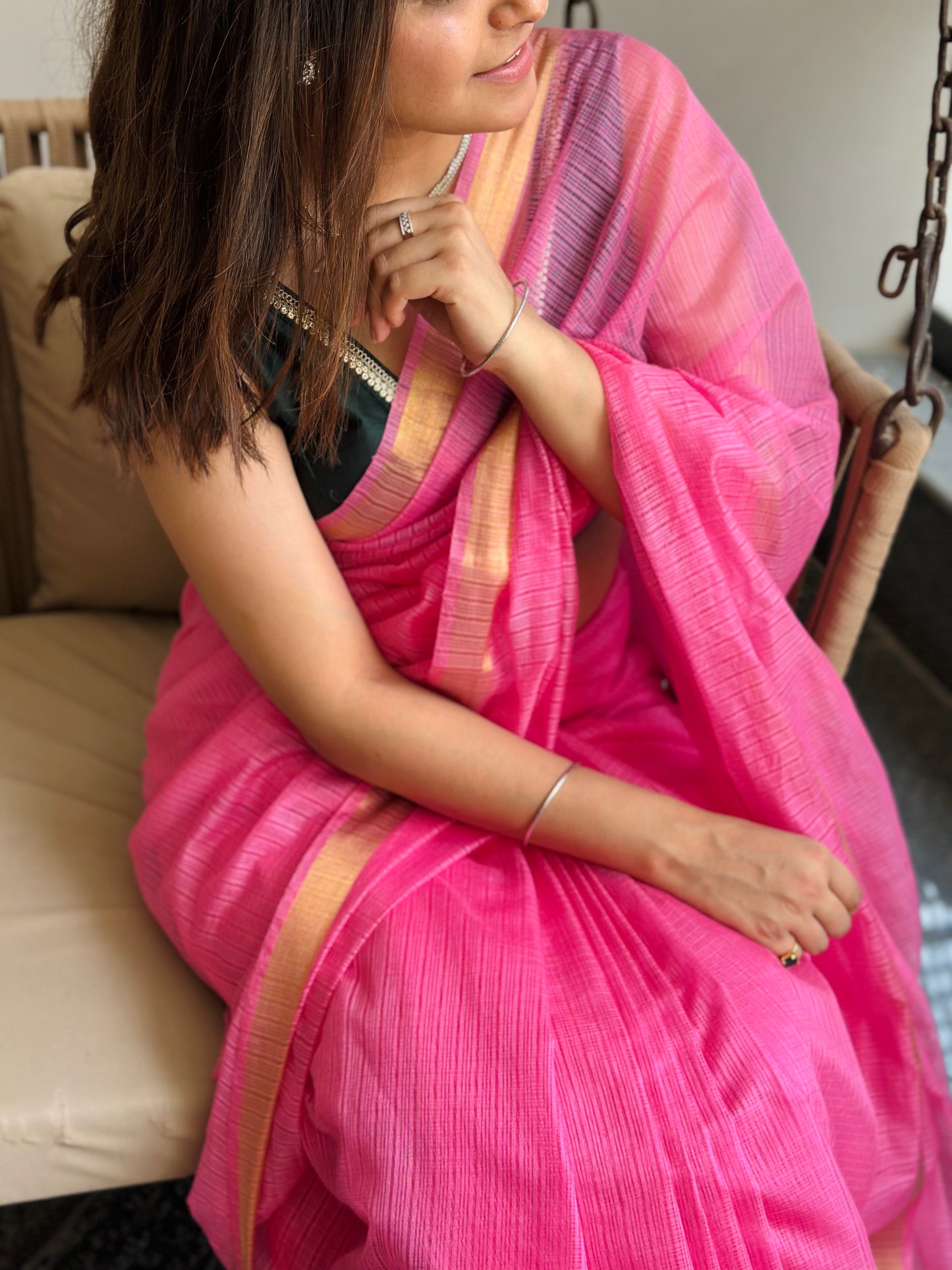 Pink Kota Doria Silk Saree