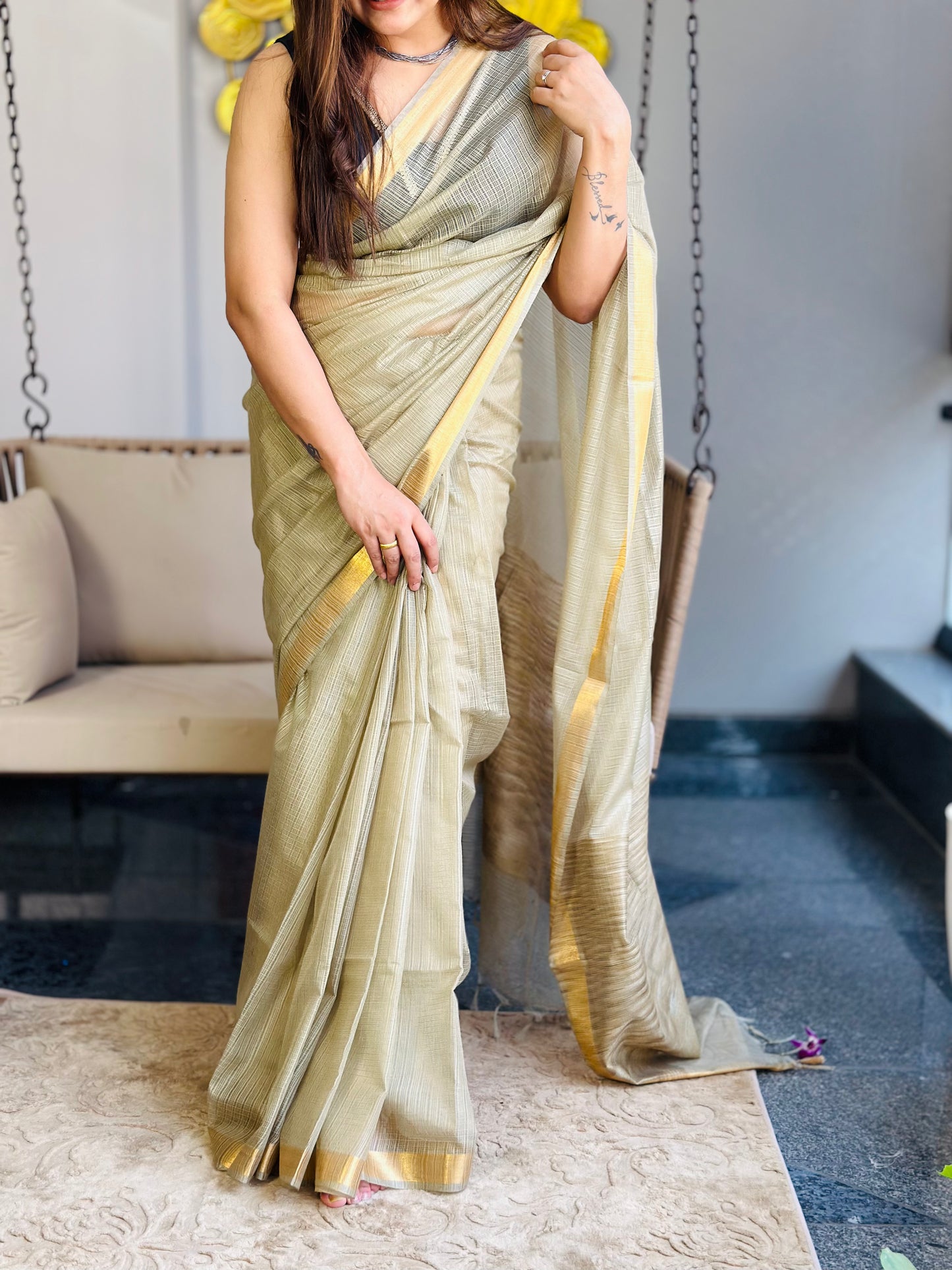 Beige Grey Kota Doria Silk Saree