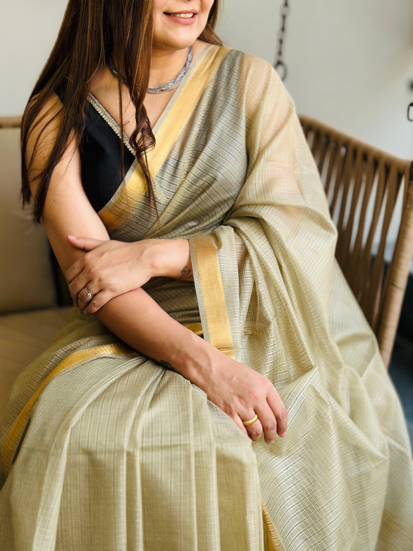 Beige Grey Kota Doria Silk Saree